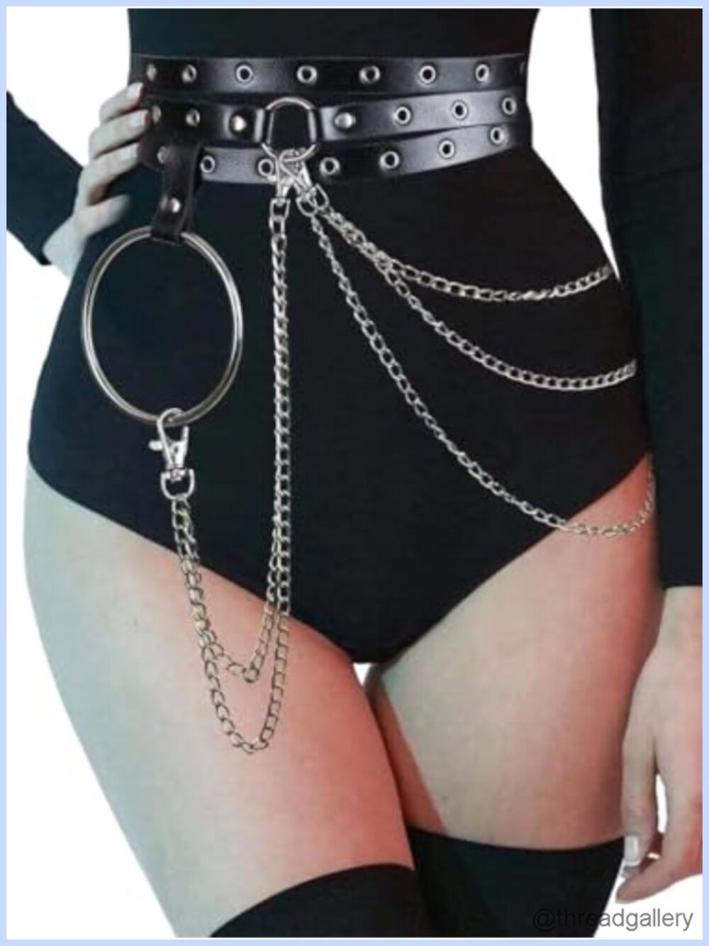 Double Layer Waist Belt with Chain Adjustable Faux Leather Alloy Hip Belt